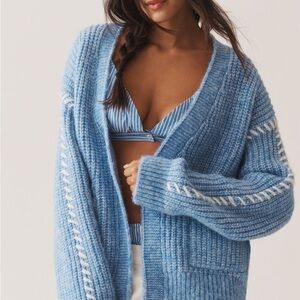 Anthropologie Flat White Cozy Blue Stitched Knit Cardigan Sweater One Size NEW
